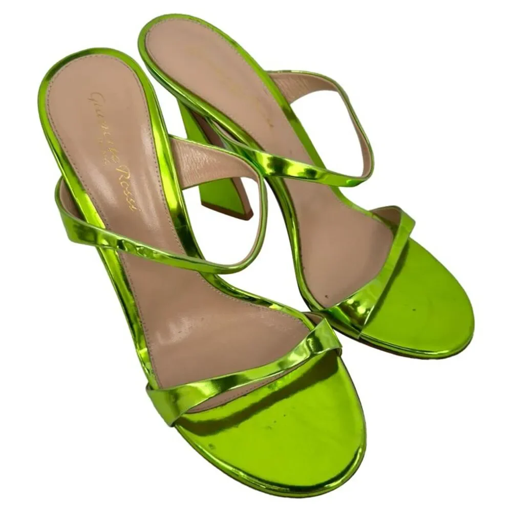 Gianvito Rossi Aura Heeled Mules in Metallic Green Leather